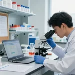 Scientist analyzing COA-verified peptides Canada in a modern research lab, showcasing meticulous quality control.