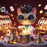 Engage in excitement with 33win amidst a vibrant 3D casino scene of slot reels and gold coins.