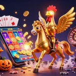 Engage in thrilling gameplay with MASKOKI889, featuring a golden rooster and colorful slots in a vibrant casino.