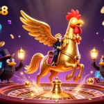 Experience sbobet88 with golden rooster riding a spectral horse in a captivating casino scene.