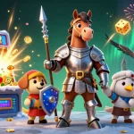 Engage with exciting games on HOKI368 as a knight jousts amid glimmering casino elements.