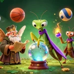 KICAU678 Casino offers exciting betting insights with a 3D cartoon scene of fortune tellers and sports elements.