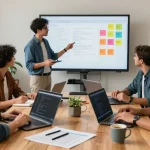 Build internal tools with AI showcased in a collaborative tech workspace with professionals brainstorming and coding.