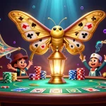 Experience OPEN88's vibrant casino world with golden moths and poker action in an enchanting scene.
