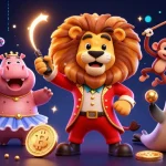 Engage in exciting gaming at 33WIN, featuring a lively circus scene with vibrant characters and slot machines.