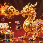 Spin the reels for big wins on slot online with a golden dragon amidst treasure!