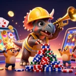KICAU678 celebrates with a triceratops building poker chips and gaming elements in a vibrant casino scene.
