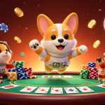 Engage with exciting poker action at linksunwin, featuring a playful corgi in a cosmic casino.