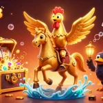 Experience the thrill of lucky88 slots in this vivid casino scene with golden rooster and treasures.