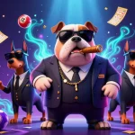 KICAU678 showcases a vibrant lottery scene with a mafia bulldog boss and Doberman bodyguards amidst energetic game elements