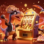 Kuwin's exciting slot adventure with a dinosaur winning jackpots and coins flying everywhere
