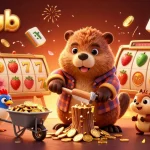 Hitclub showcases a lively scene with cartoon characters and slot elements, highlighting exciting gaming action.