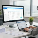 Una mujer analizando etn facturación en su computadora, rodeada de documentos y un ambiente de oficina moderno.