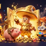 Experience the mesmerizing magic of OKWIN as the golden wizard conjures treasure in a vibrant casino scene.