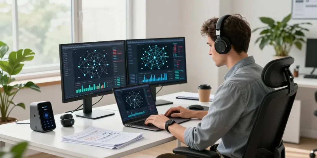 快连网络优化专家在现代办公室中工作，显示网络性能分析的双屏幕。