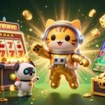 Join the excitement at nk88 with a dynamic online gaming scene featuring vibrant slot machines and character interactions.