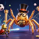 ku88 showcases a vibrant casino scene with a golden tarantula and beetle knight amidst dynamic sports elements.