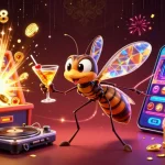 IDCOIN188 showcases a lively casino scene with a fossil DJ and jackpot explosion.