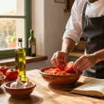 Discover the best salmorejo near me being prepared with fresh ingredients in a traditional kitchen.