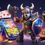 Experience thrilling slot games with rr88. featuring a Viking warrior, dragon, and stacked poker chips.